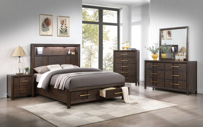 Kenzo 5 Piece Modern Style King Storage Bedroom Set Made with Wood, LED Headboard, Bluetooth Speakers & USB Ports - Walnut