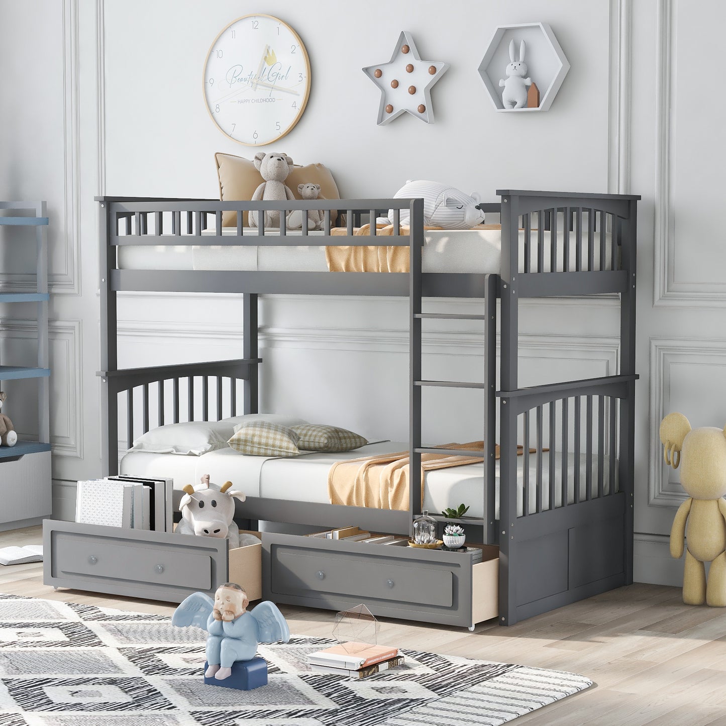 Convertible Gray Twin over Twin Bunk Bed with Drawers
