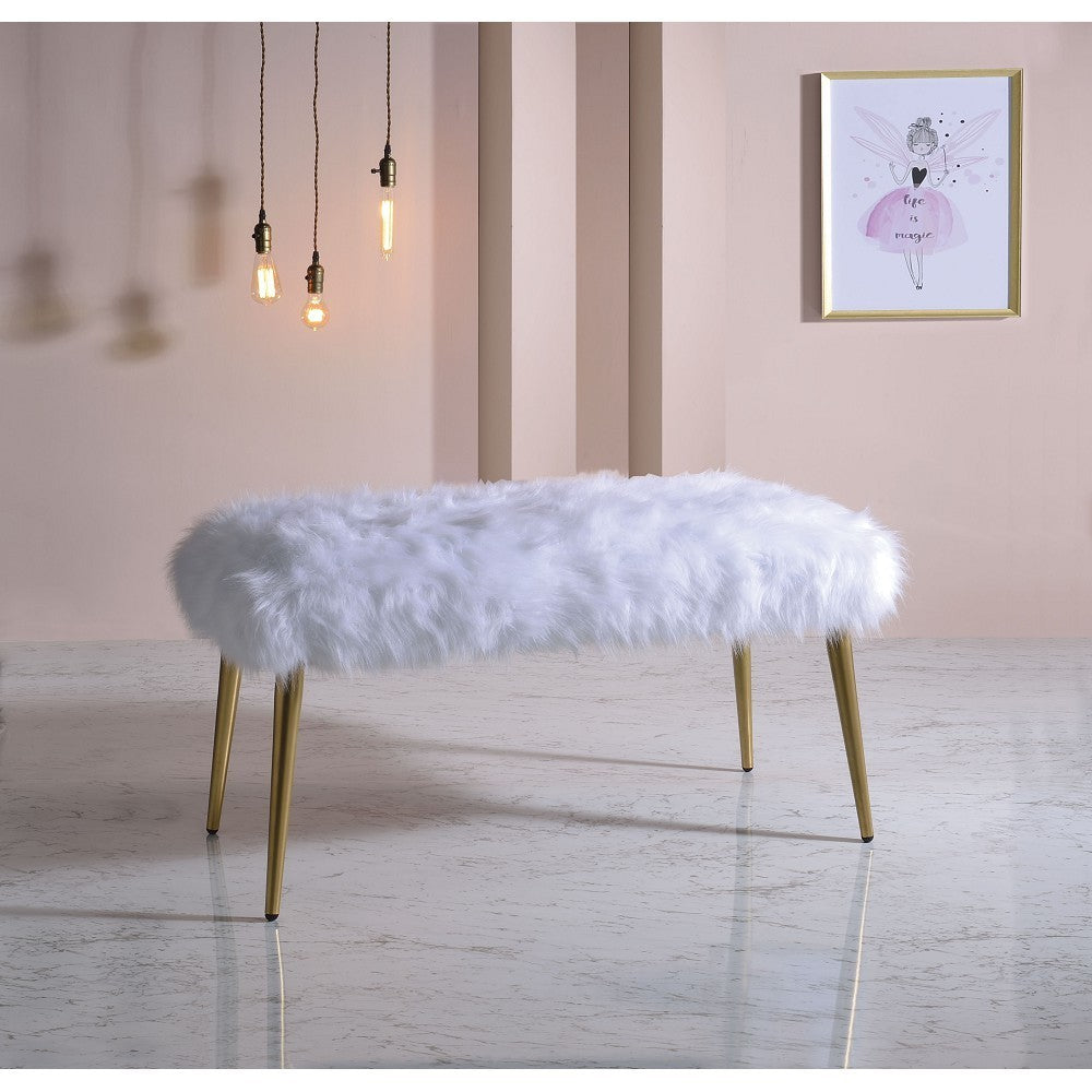 Bagley Bench in White Faux Fur & Gold