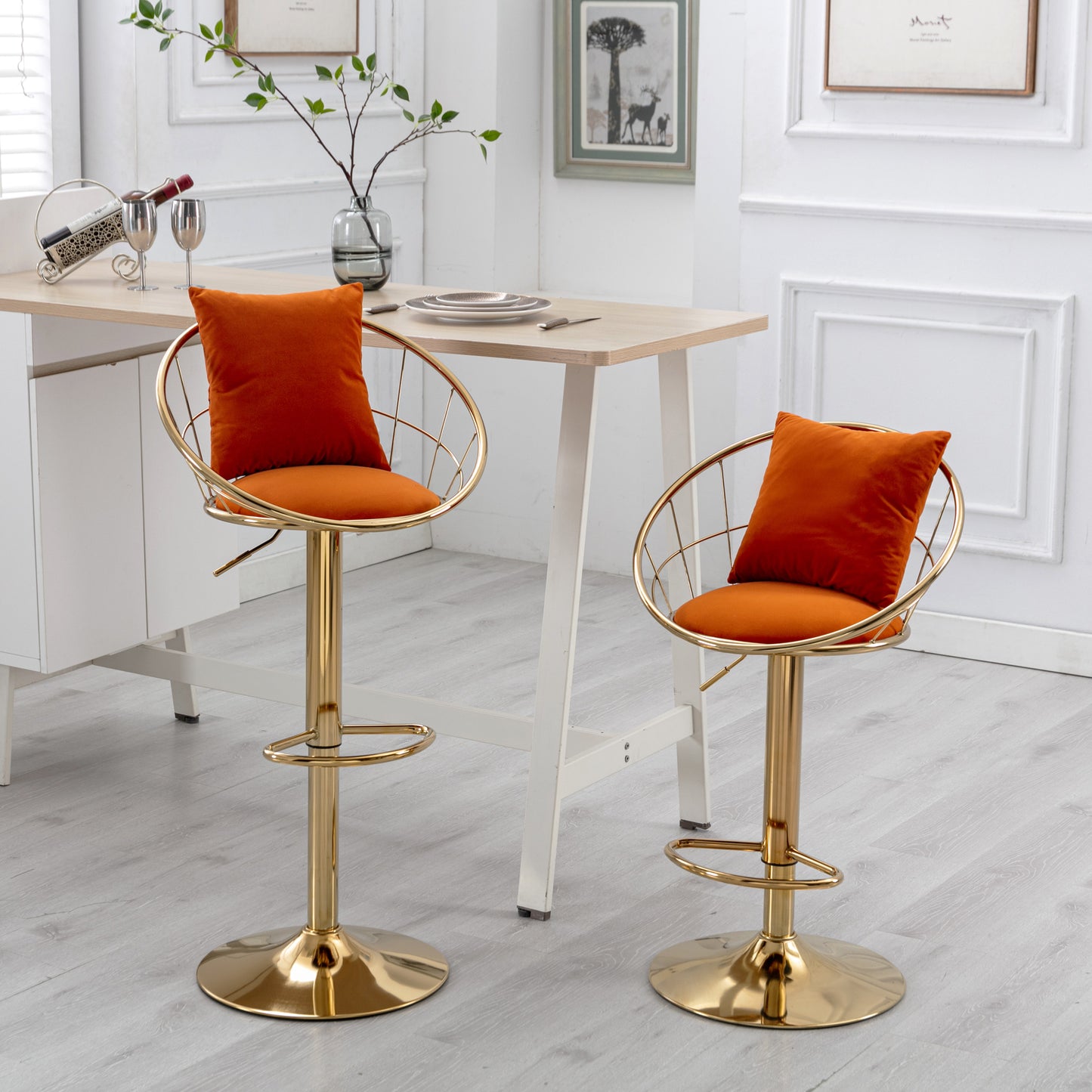 Miami Orange Velvet Bar Stools, Set of 2