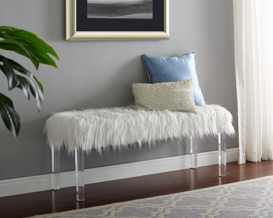 White Glam Accent Bench with Faux Fur