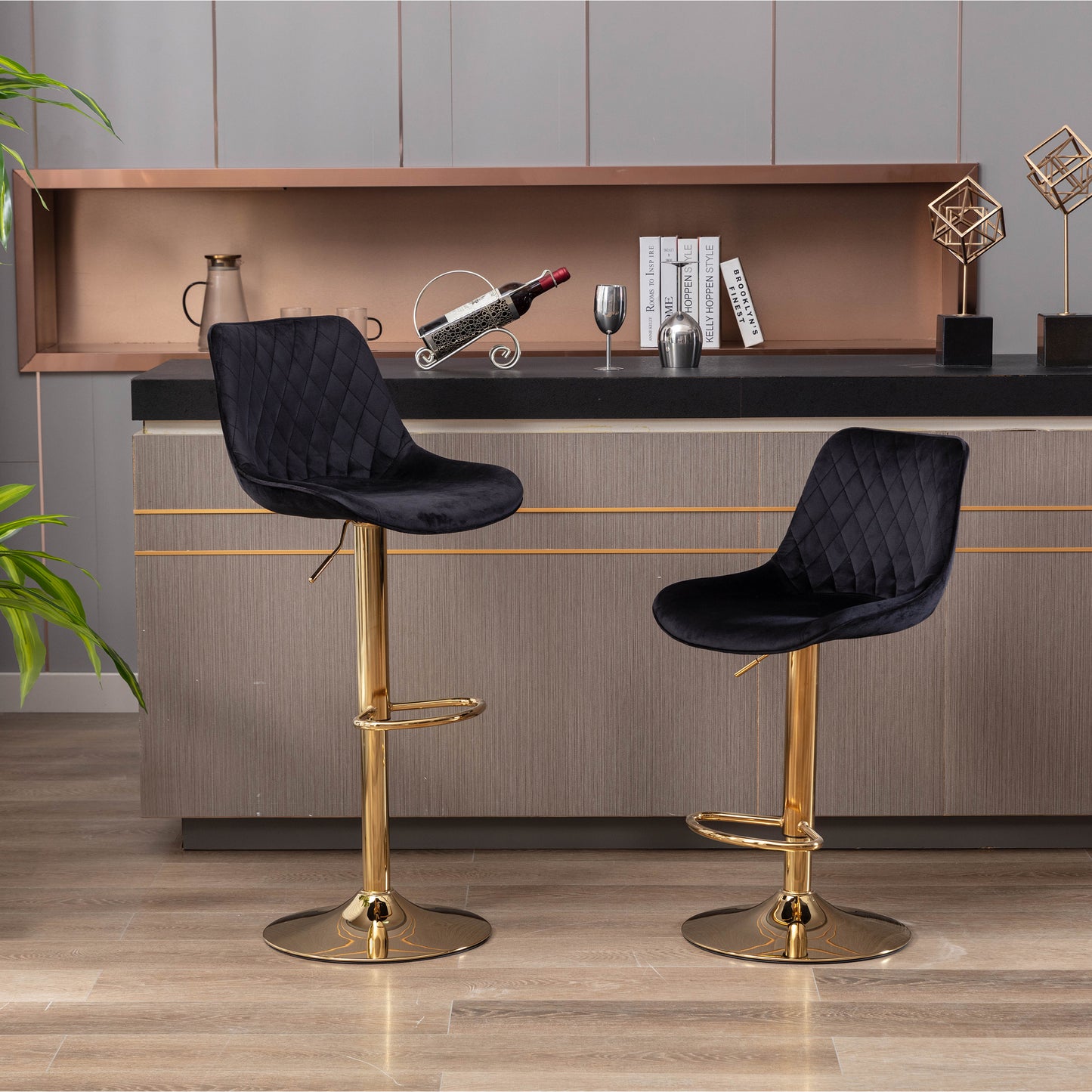 Diamond Adjustable Bar Stool Set of 2 (black/gold)