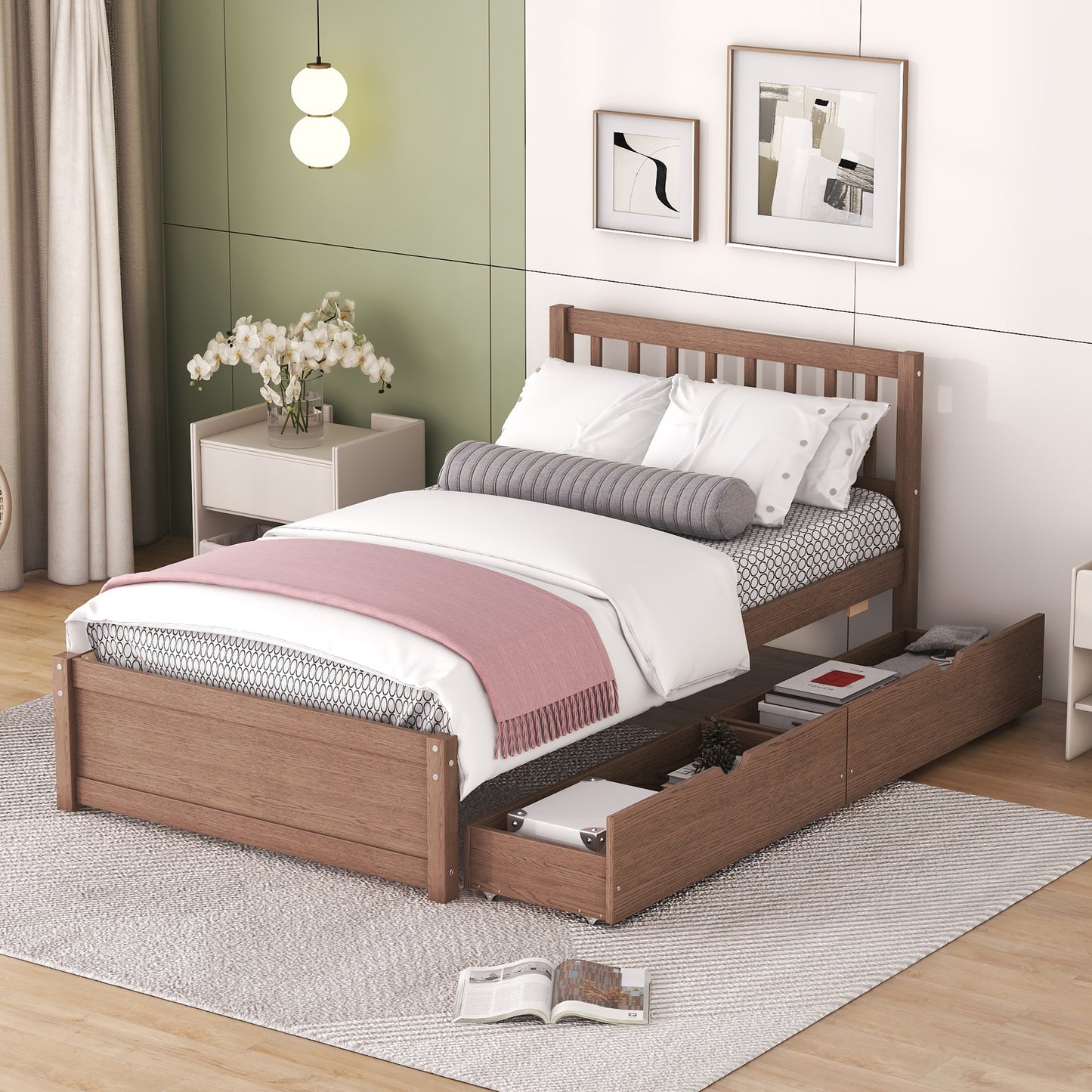 Sophie Walnut Twin Platform Bed with 2 Drawers
