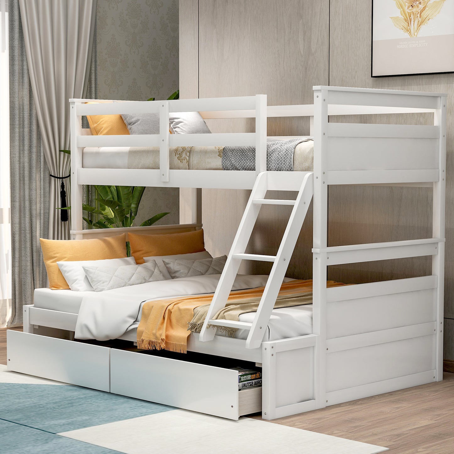 White Twin over Full Bunk Bed with Storage