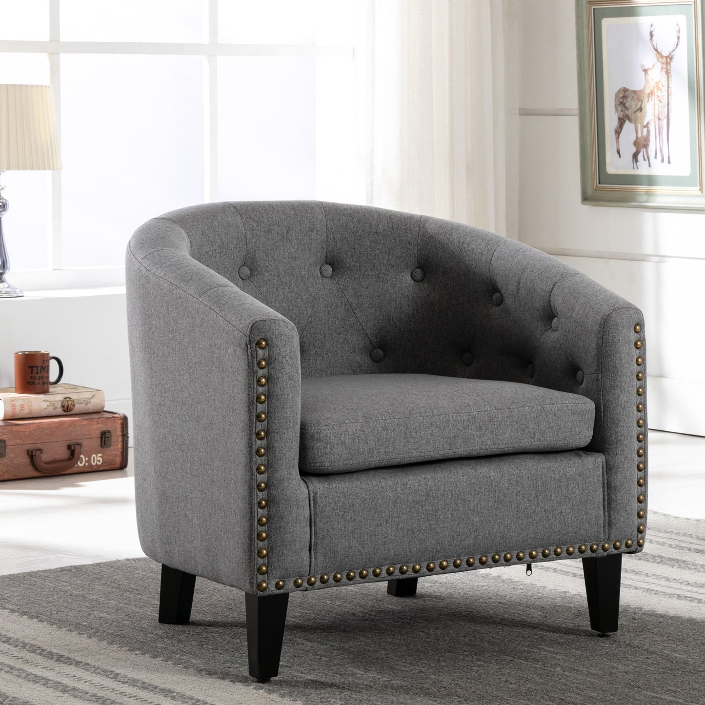 Linen Gray Fabric Tufted Barrel Accent Chair