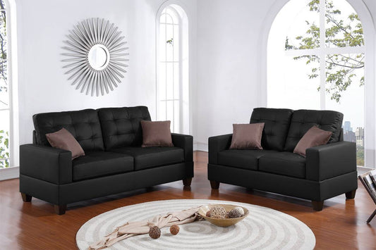 2 Piece Black Faux Leather Tufted Sofa Loveseat w Pillows Cushion Couch