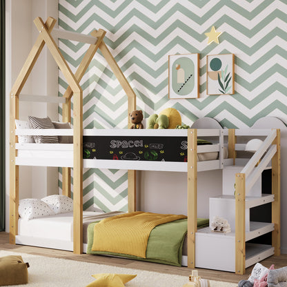 Twin over Twin House Bunk Bed with White Storage Staircase and Blackboard