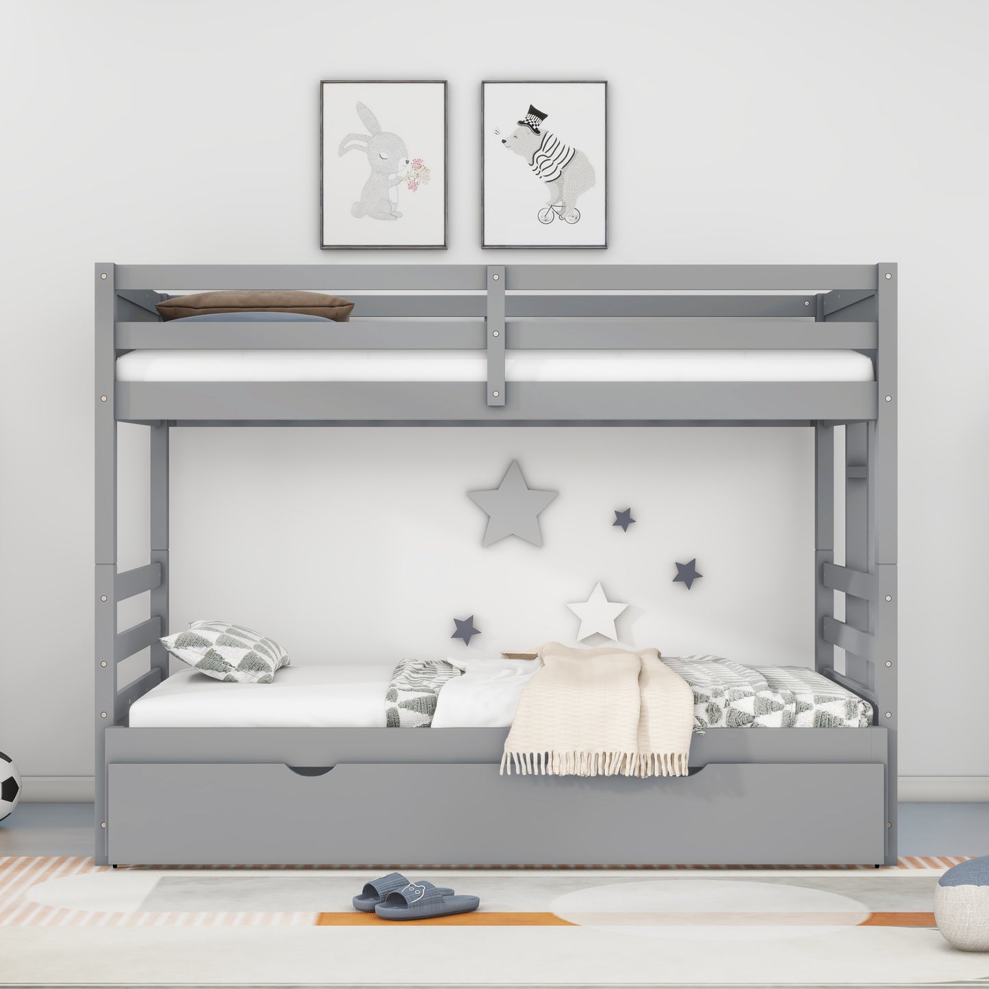 Gray Twin over Pull-out Bunk Bed with Trundle