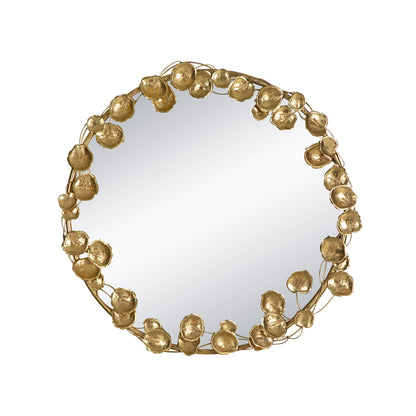 35" Round Metal Wall Mirror with Golden Leaf Accents