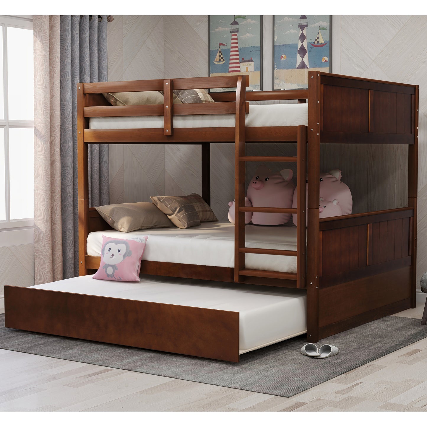 Walnut Full Over Full Bunk Bed with Twin Size Trundle