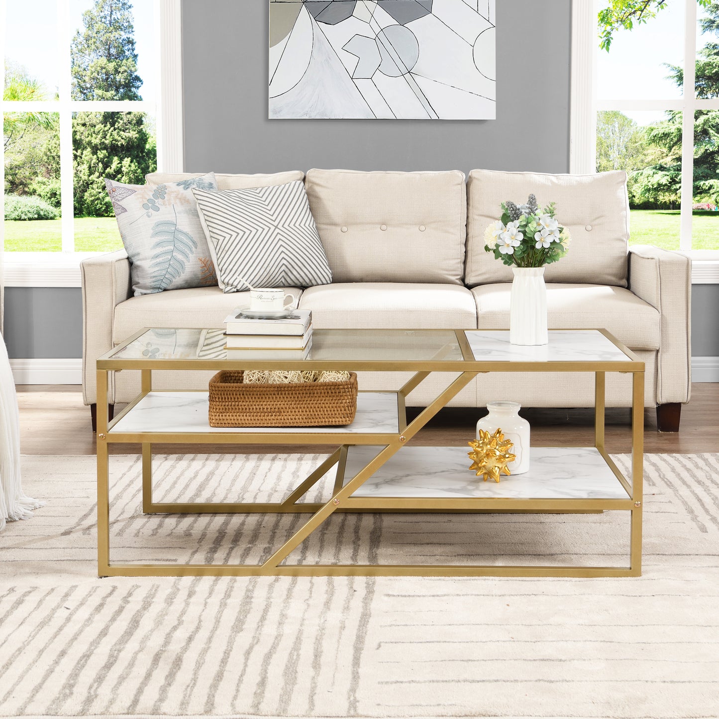 Golden Coffee Table with Storage Shelf