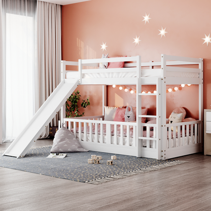 White Wood Twin Over Twin Bunk Bed with Slide and Ladder