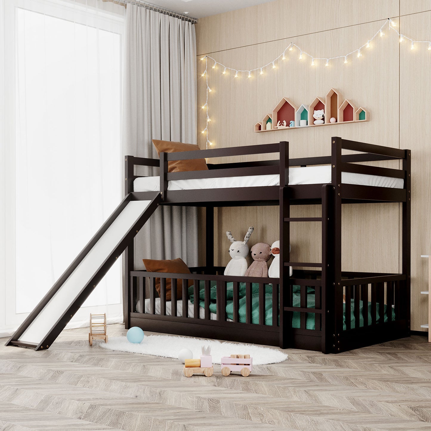 Espresso Wood Twin Over Twin Bunk Bed with Slide and Ladder