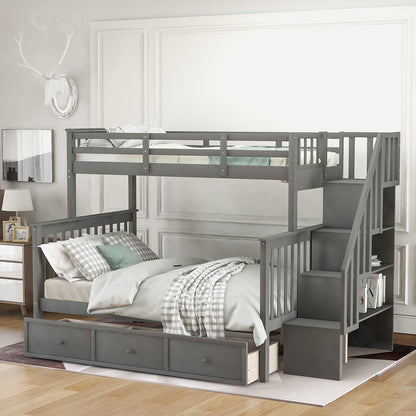 Stairway Gray Twin-Over-Full Bunk Bed with Drawer