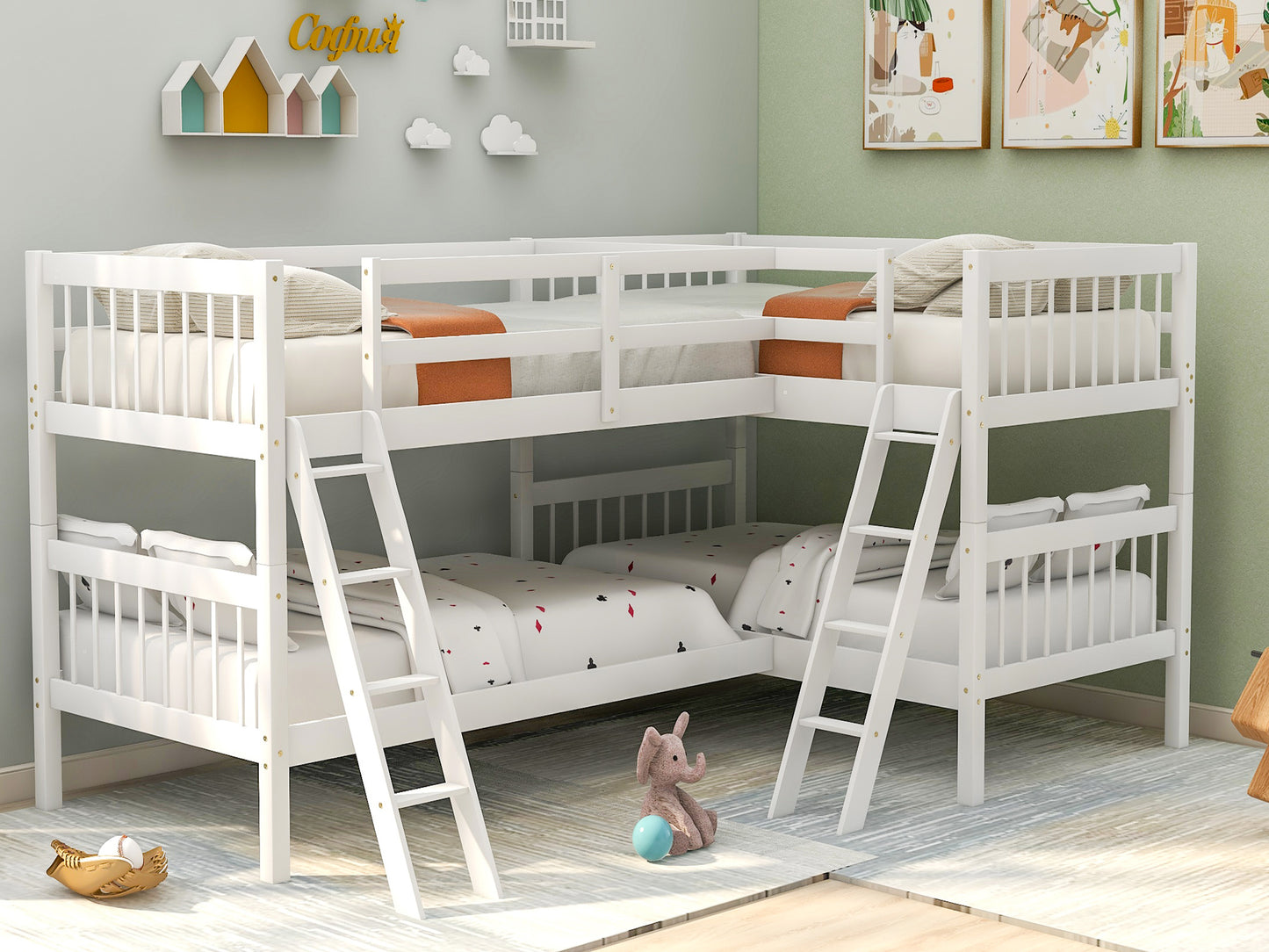 L-Shaped White Wood Twin Bunk Bed