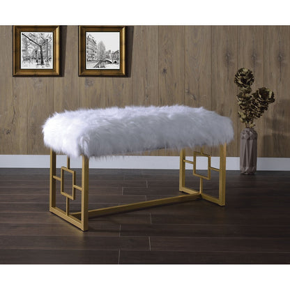 Bagley II Bench in White Faux Fur & Gold (square)