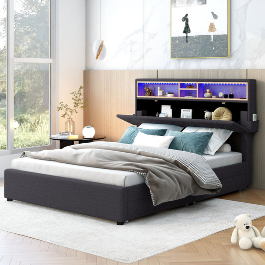 Damon Full Bed with Storage Headboar, 2 Drawers (dark gray)