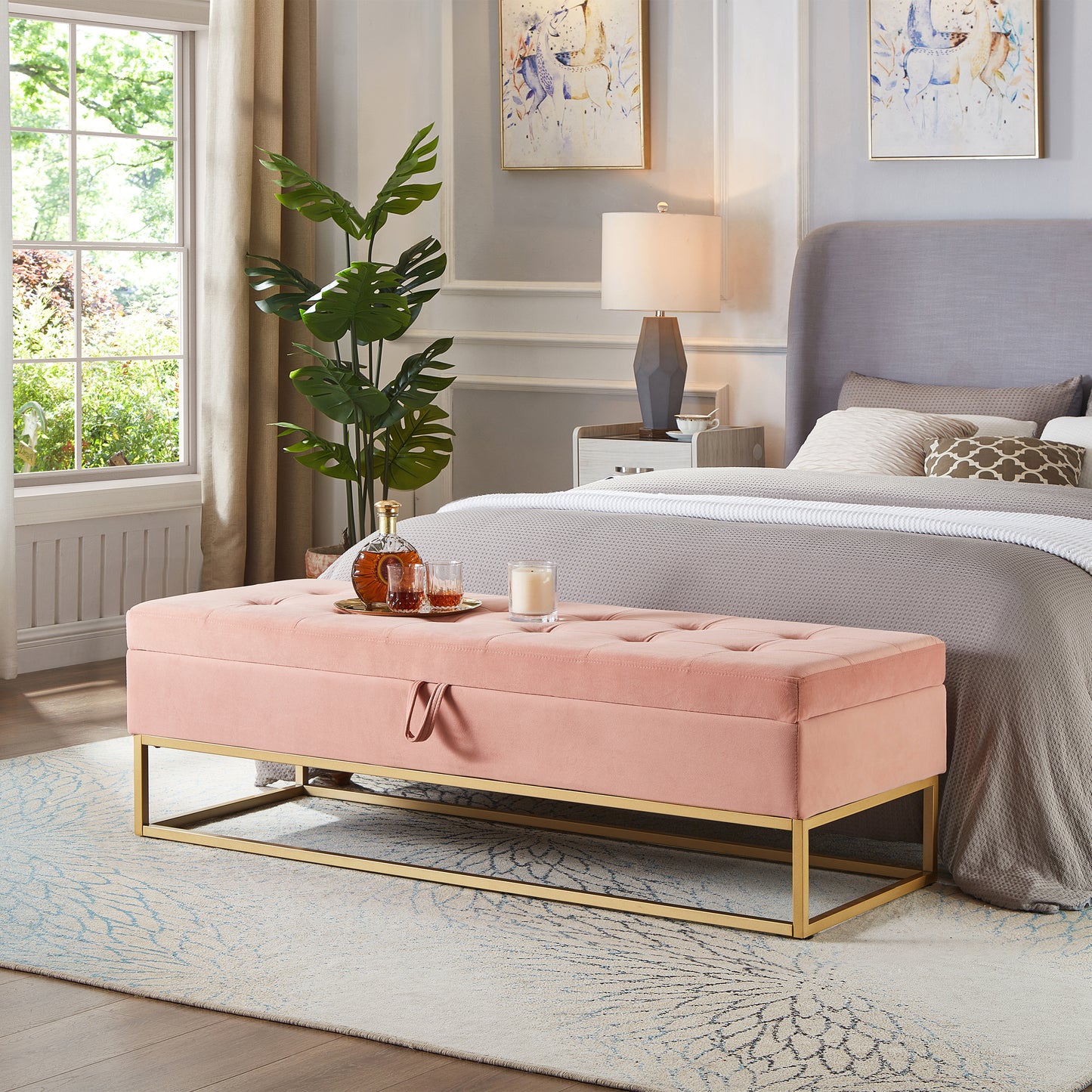 Rose Bed Bench with Storage (pink velvet)