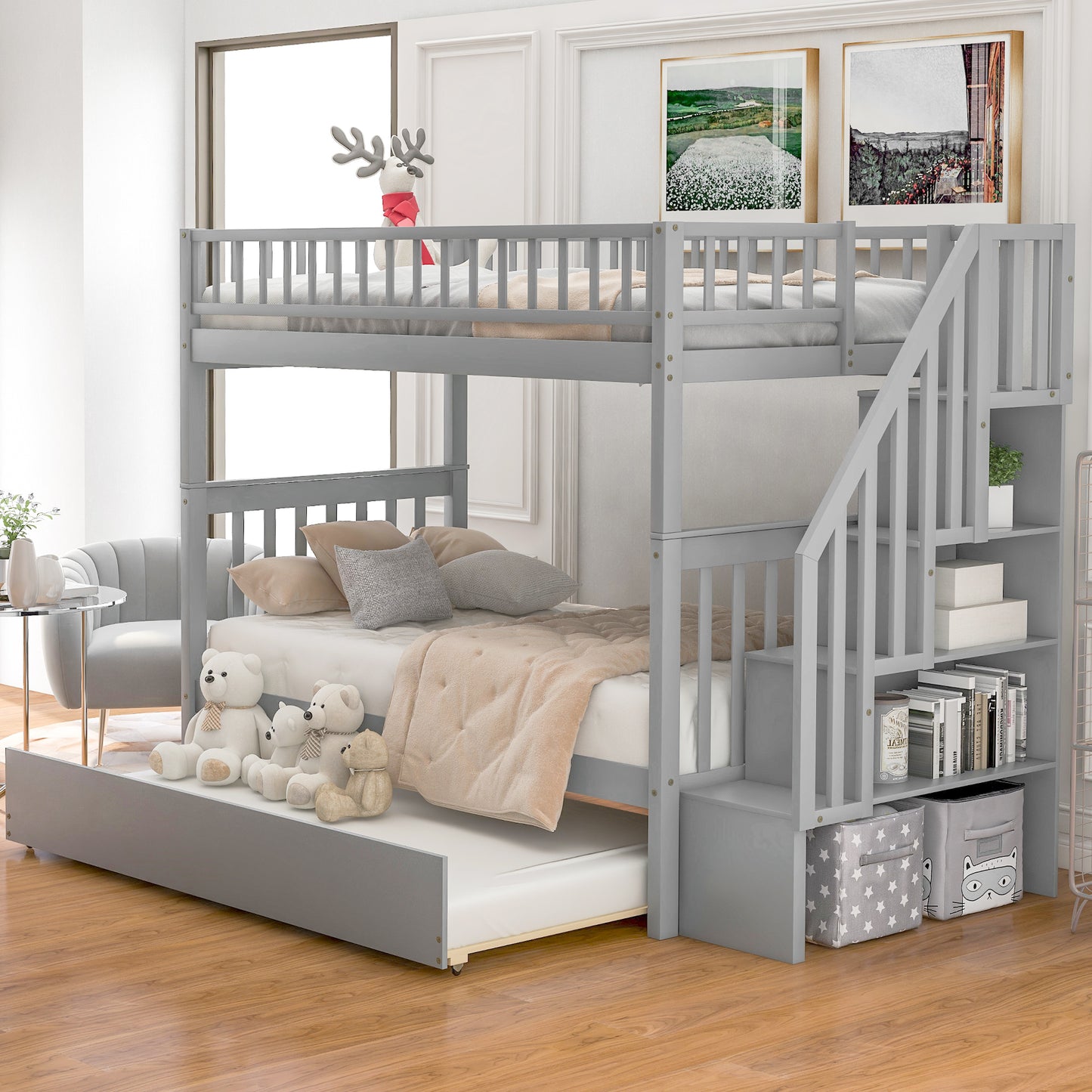 Gray Twin over Twin Bunk Bed with Trundle and Storage