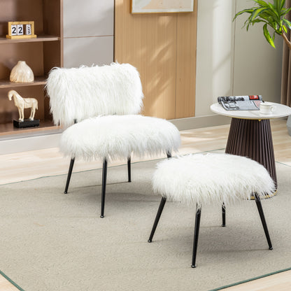 Megan Ivory Faux Fur Plush Accent Chair with Ottoman