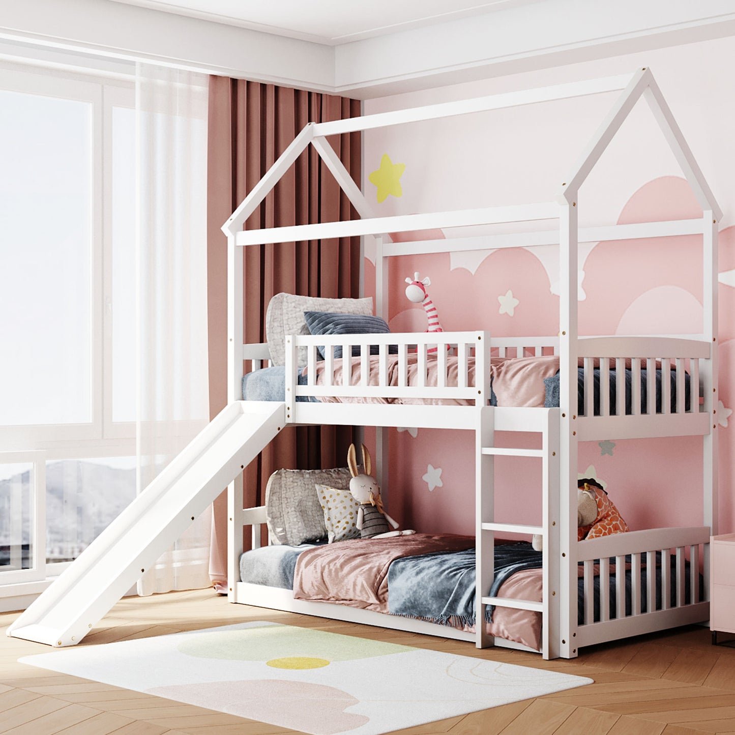 House White Twin Over Twin Bunk Bed with Slide