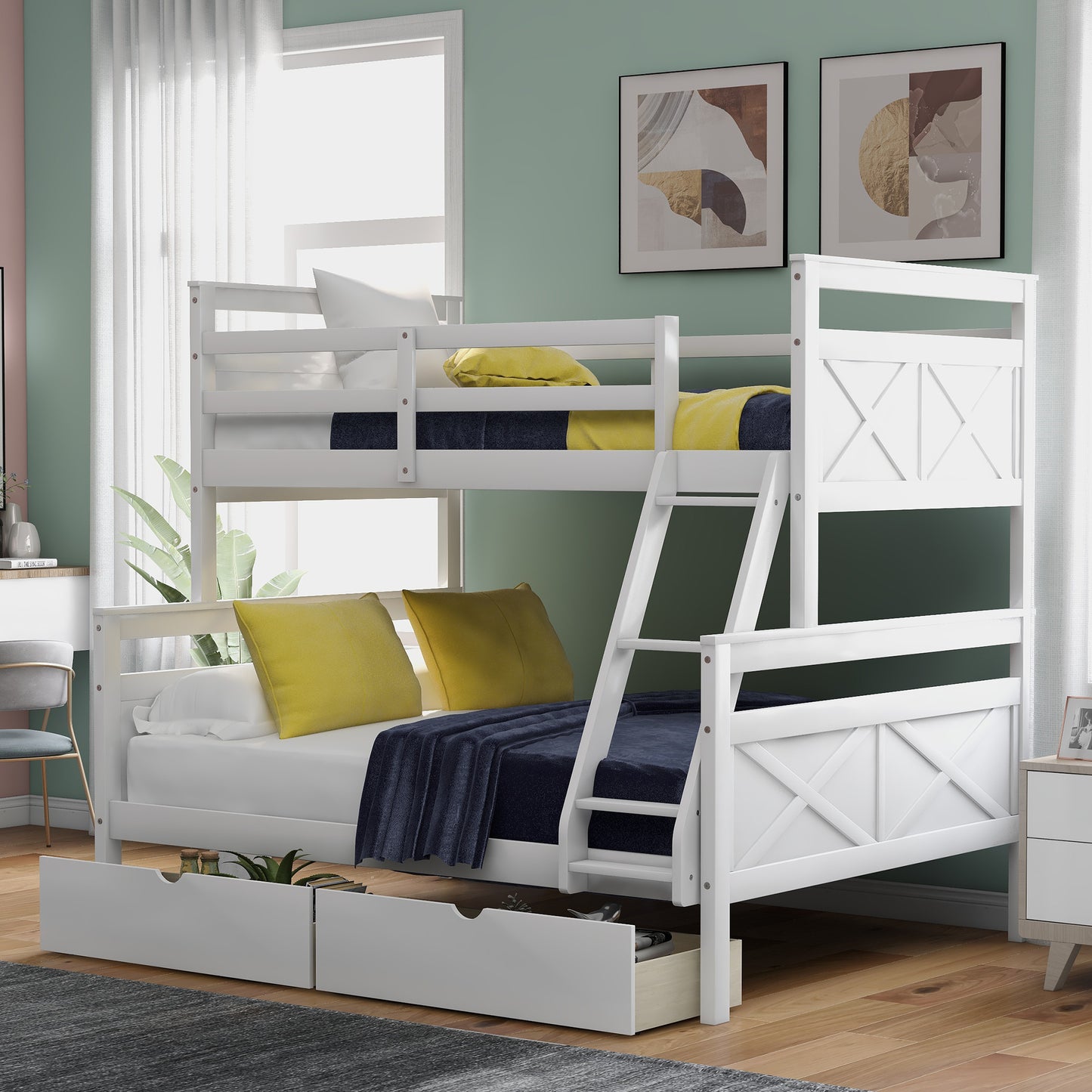 White X Twin over Full Bunk Bed with Storage